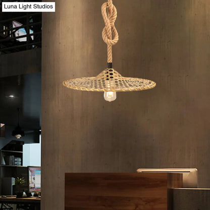 Bamboo Hat Pendant Ceiling Light with Countryside Beige Rope - Knots Design