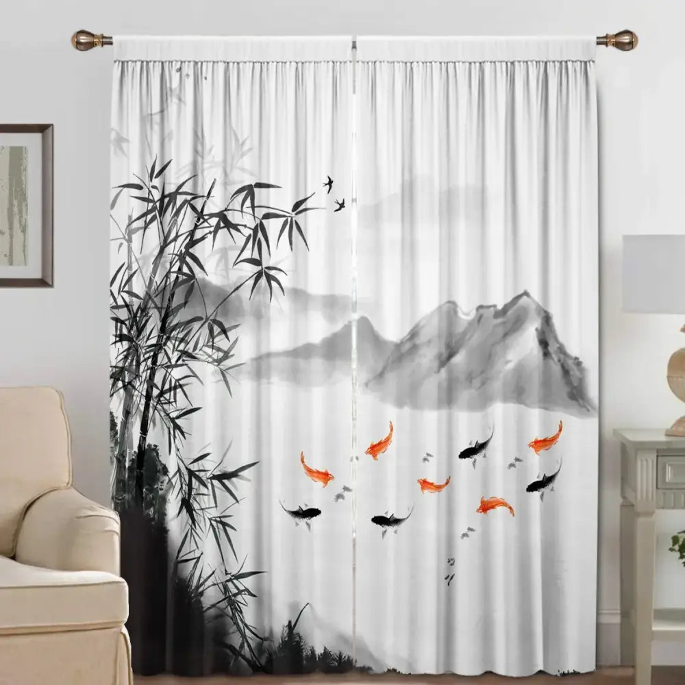 White bamboo ink painting curtains with traditional ink-wash bamboo, mountains, and koi fish for living room decorbites decor