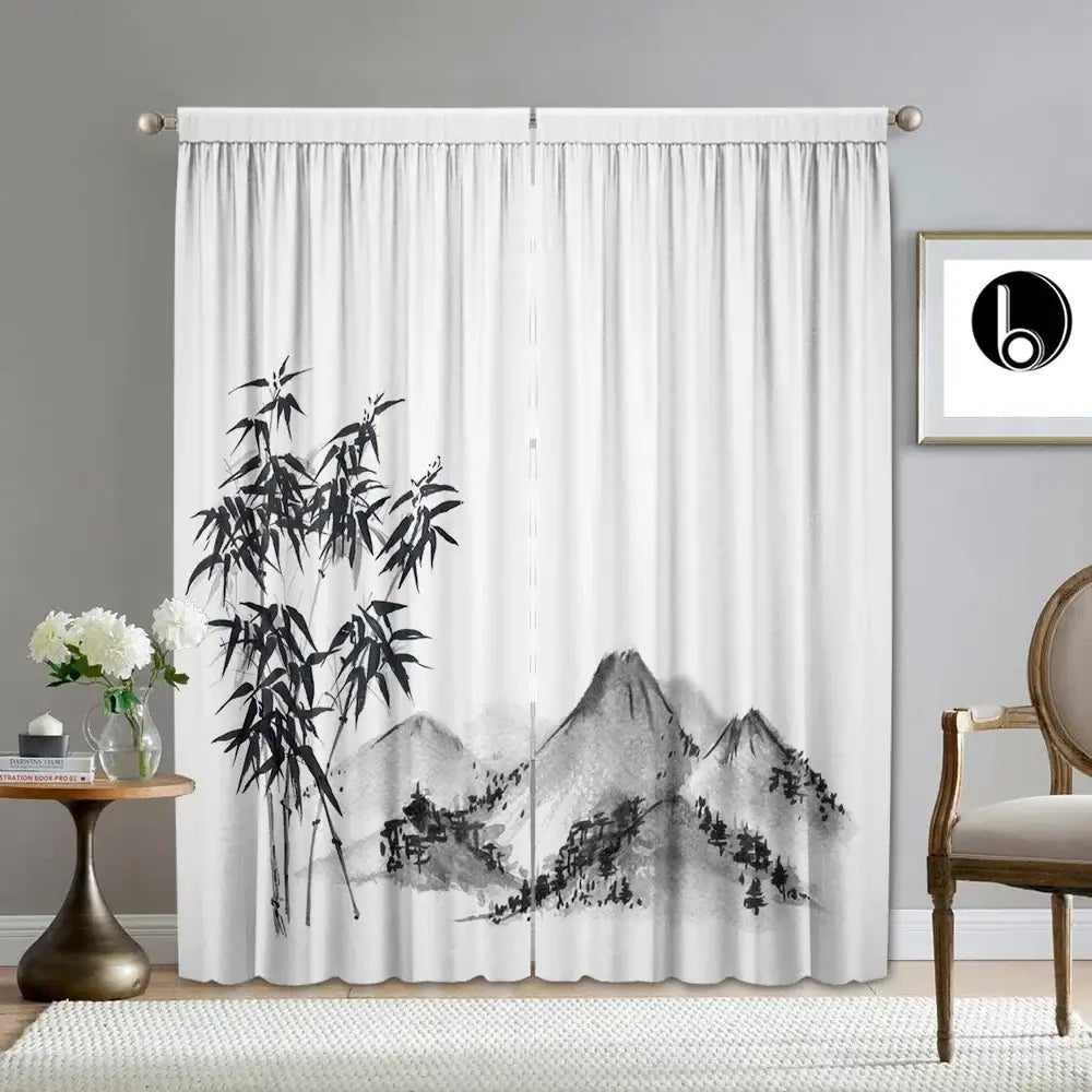 White bamboo ink painting curtains with black and gray ink-style bamboo and mountain design for living room decorbites decor