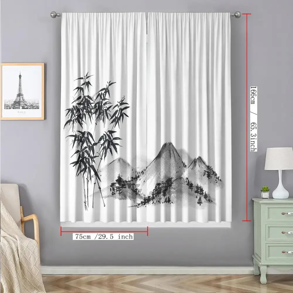 White curtains with black and gray bamboo ink painting design for living room decorbites bamboo ink curtains