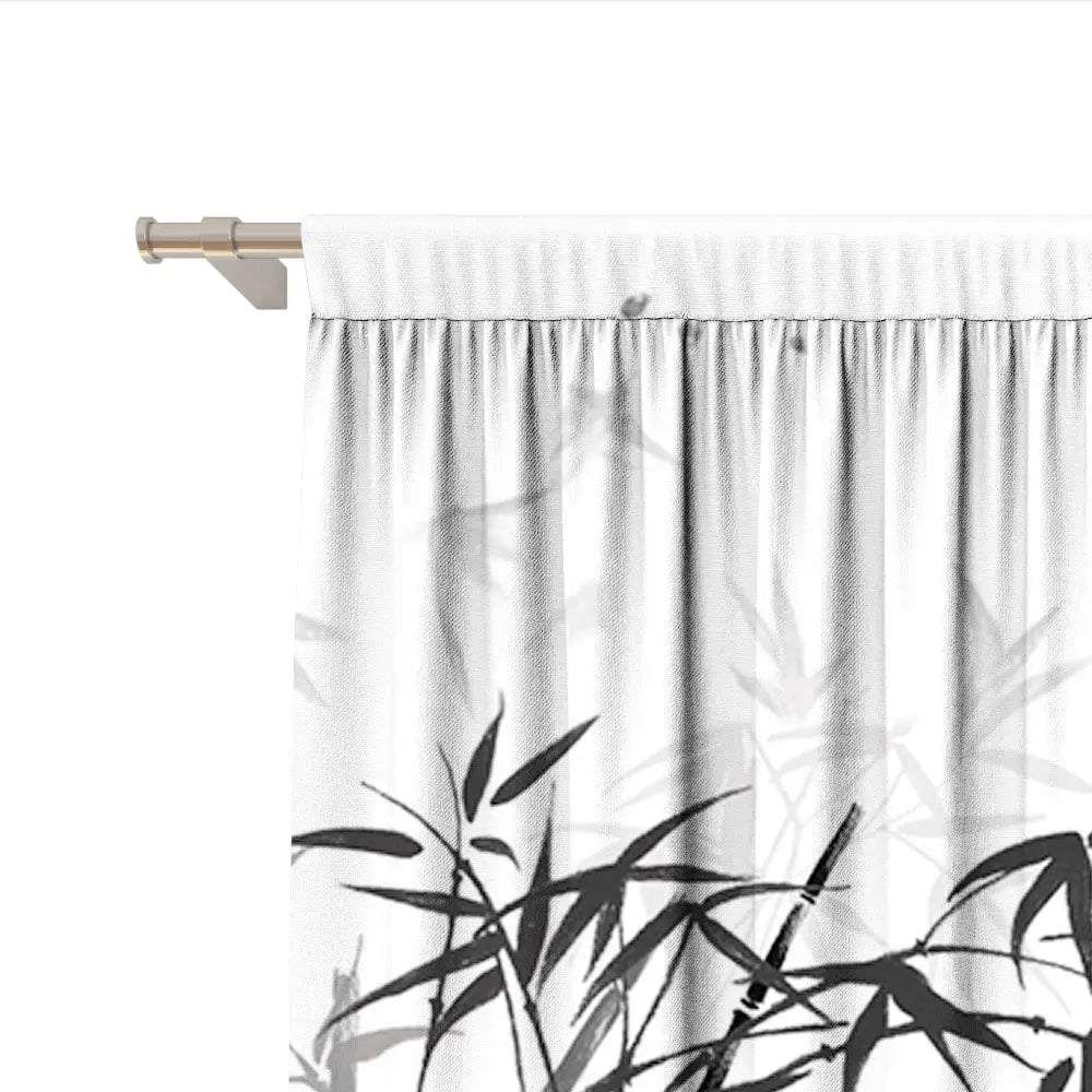 White curtain with black and gray bamboo leaf pattern hanging on metallic rod for decorbites bamboo ink curtains