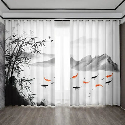 White sheer bamboo ink painting curtains with black bamboo gray mountains and koi fish for living room decorbites decorbites bamboo ink