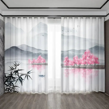 White sheer bamboo ink painting curtains with pink cherry blossoms mountains and bamboo foliage for living room decorbites bamboo ink