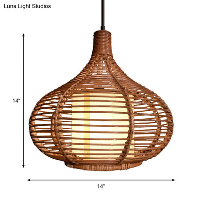 Bamboo Jar Pendant Light Kit with Inner Cylindrical Shade - Retro Style, Brown, 1 Bulb