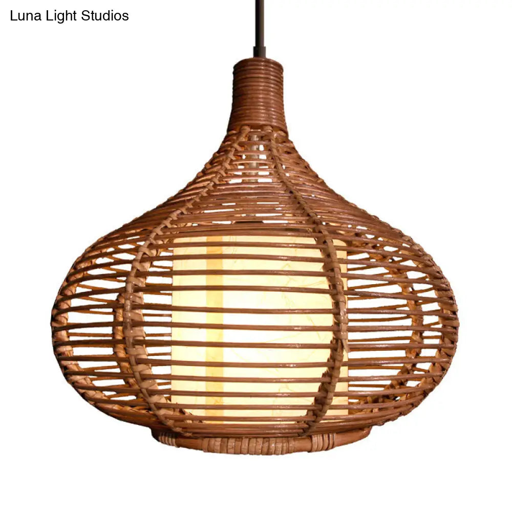 Bamboo Jar Pendant Light Kit with Inner Cylindrical Shade - Retro Style, Brown, 1 Bulb