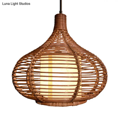 Bamboo Jar Pendant Light Kit with Inner Cylindrical Shade - Retro Style, Brown, 1 Bulb