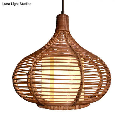 Bamboo Jar Pendant Light Kit with Inner Cylindrical Shade - Retro Style, Brown, 1 Bulb