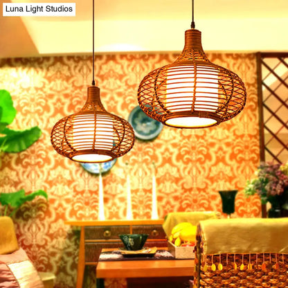 Bamboo Jar Pendant Light Kit with Inner Cylindrical Shade - Retro Style, Brown, 1 Bulb