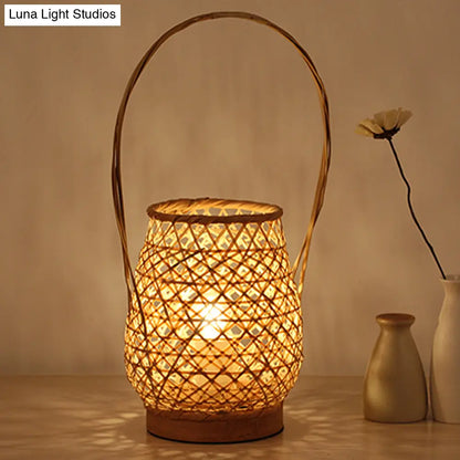 Lámpara de escritorio pequeña de bambú, de un cabezal, color lino, con brazo curvo - Iluminación de trabajo china