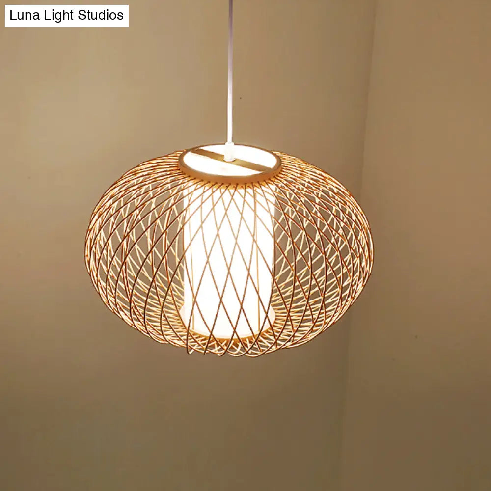 Bamboo Lantern Pendant Light - Tradition Style, 1 Bulb, 16"/19.5" Wide Wood Hanging Lamp Kit