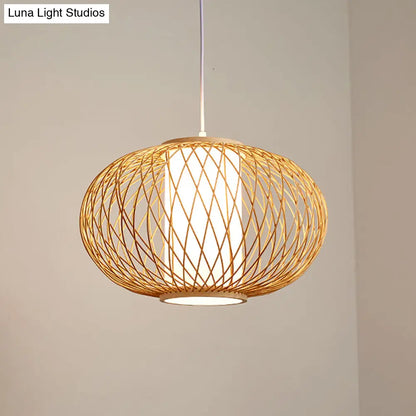 Bamboo Lantern Pendant Light - Tradition Style, 1 Bulb, 16"/19.5" Wide Wood Hanging Lamp Kit