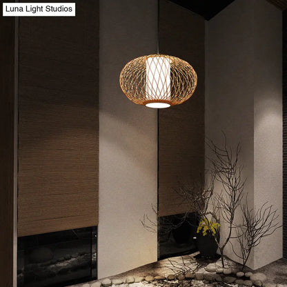 Bamboo Lantern Pendant Light - Tradition Style, 1 Bulb, 16"/19.5" Wide Wood Hanging Lamp Kit