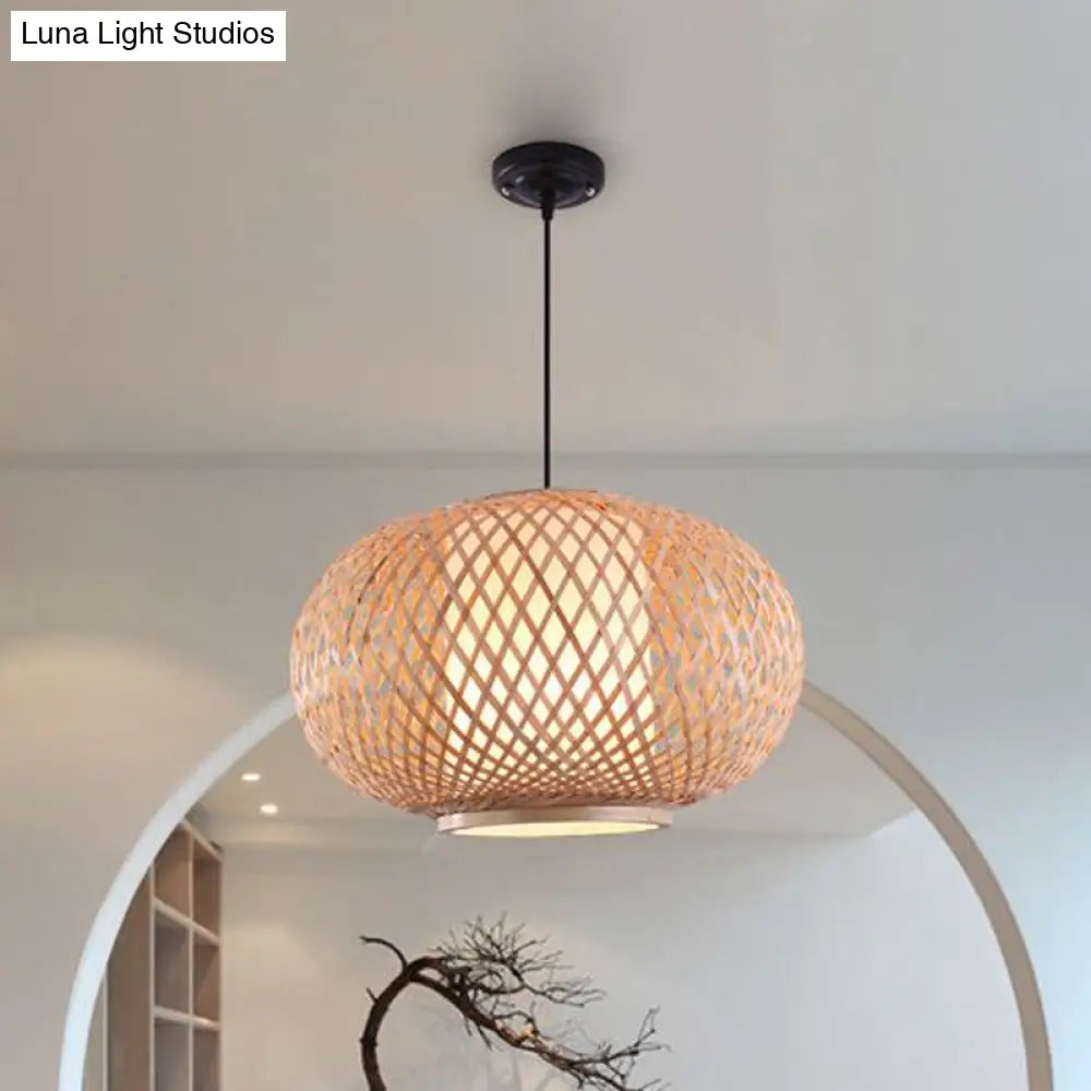 Bamboo Lantern Pendant Light - Tradition Style, 1 Bulb, 16"/19.5" Wide Wood Hanging Lamp Kit