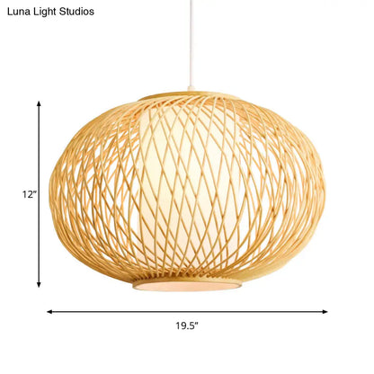 Bamboo Lantern Pendant Light - Tradition Style, 1 Bulb, 16"/19.5" Wide Wood Hanging Lamp Kit