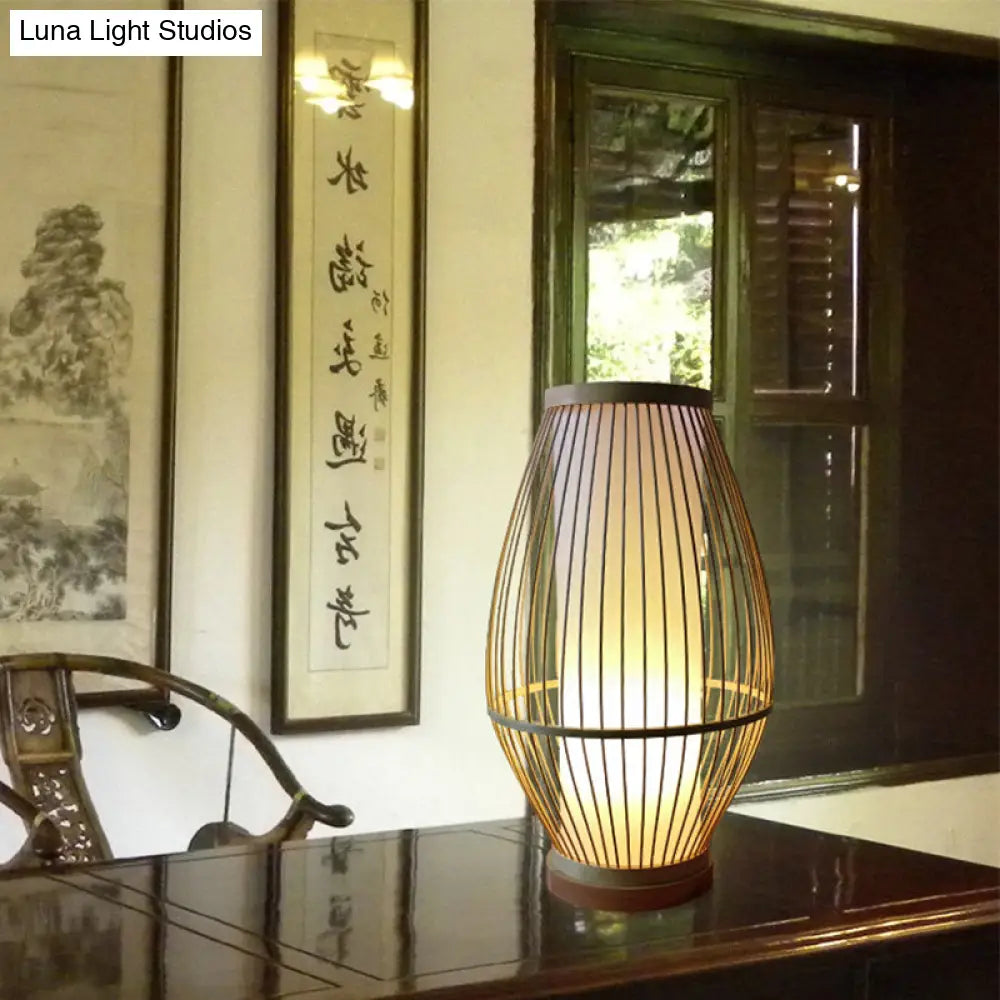 Lámpara de escritorio tipo farol de bambú para comedores - Iluminación asiática beige con bombilla