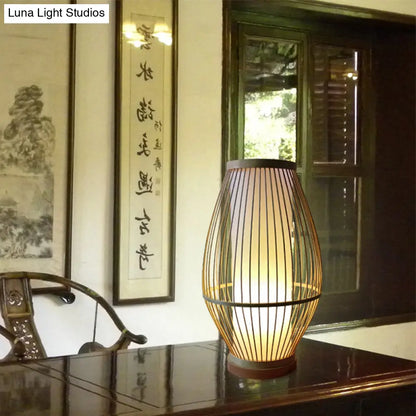 Lámpara de escritorio tipo farol de bambú para comedores - Iluminación asiática beige con bombilla