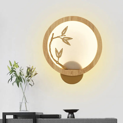 Lámpara mural de hoja de bambú - Lámpara de pared LED de madera estilo chino en negro/beige para dormitorio