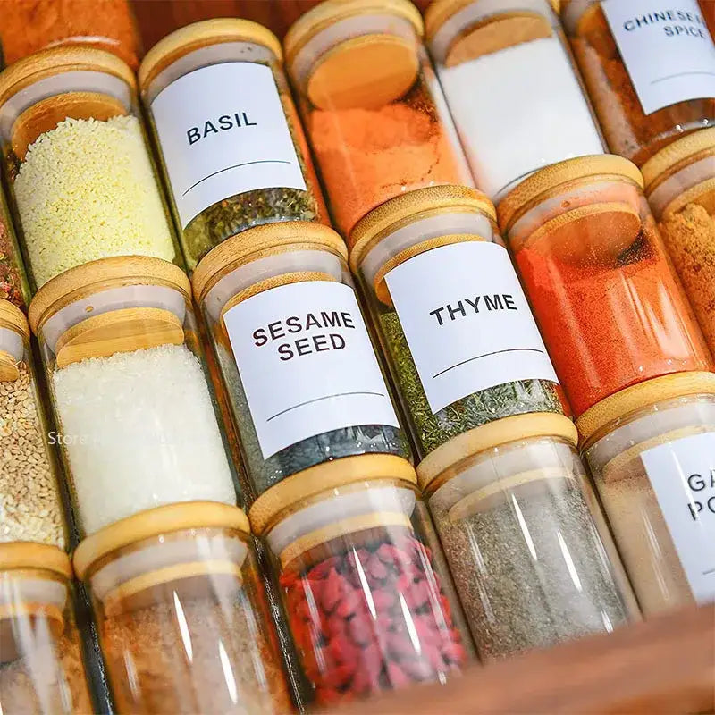 Clear glass food storage jars with bamboo lids and white herb labels for kitchen spice organization