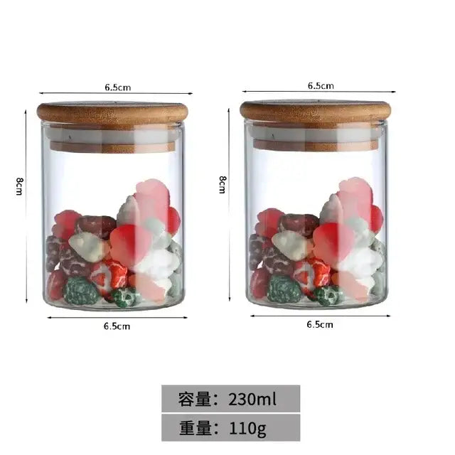 Clear glass food storage jar with bamboo lid filled with colorful candies for kitchen spice and food storage use