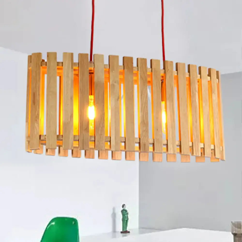 DecorBites™ stylish bamboo linear island pendant lamp with warm amber rectangular wooden slat shade and red cord suspension