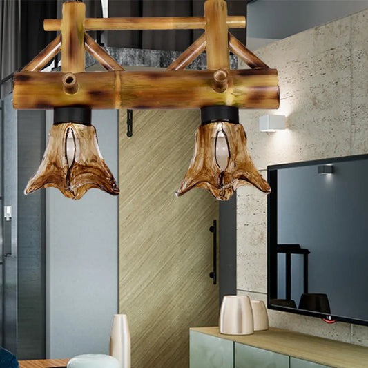 DecorBites™ Bamboo Lodge Flared Pendant Light with 2 Amber Glass Shades - Island Lighting