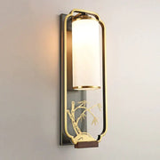 Gold-toned bamboo motif iron glass wall lamp with frosted cylindrical shade for bedroom or living room decorbites iron glass wall