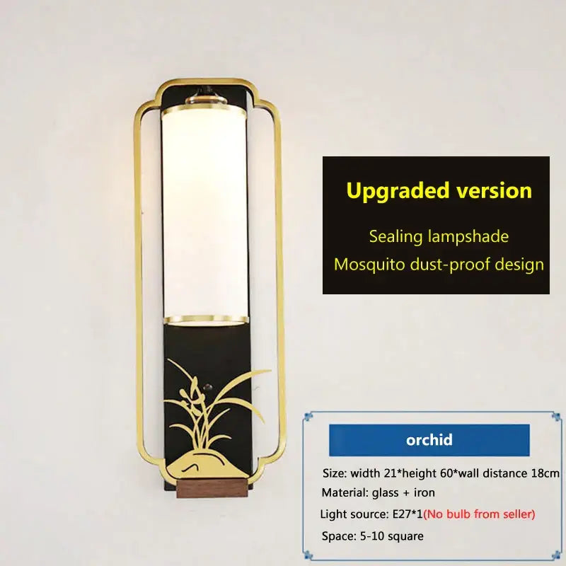 Gold-framed decorbites iron glass wall lamp with black orchid panel and frosted shade for bedroom or living room decor