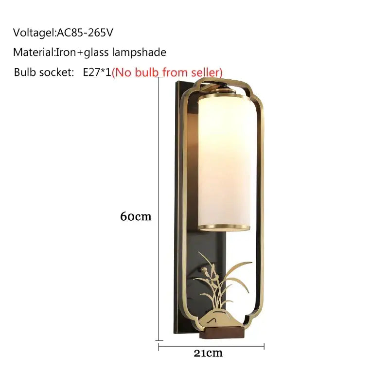 Brass-finished iron glass wall lamp with bamboo motif and frosted cylindrical shade for bedroom or living room decorbites iron glass
