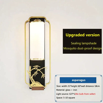 Gold-framed bamboo motif iron glass wall lamp with frosted glass shade and black base for bedroom or living room decorbites iron glass
