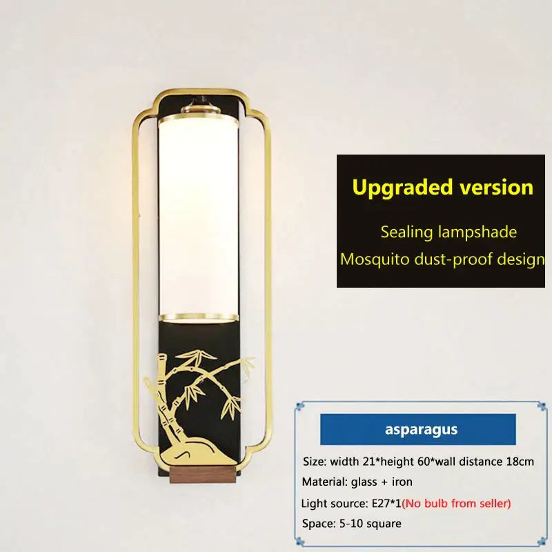 Gold-framed bamboo motif iron glass wall lamp with frosted glass shade and black base for bedroom or living room decorbites iron glass
