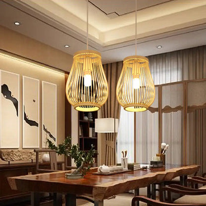 Bamboo Pawpaw Pendant Light - Contemporary Beige Dining Room Ceiling Fixture