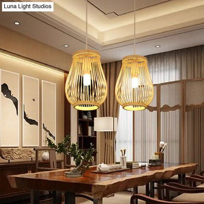 Bamboo Pawpaw Pendant Light - Contemporary Beige Dining Room Ceiling Fixture