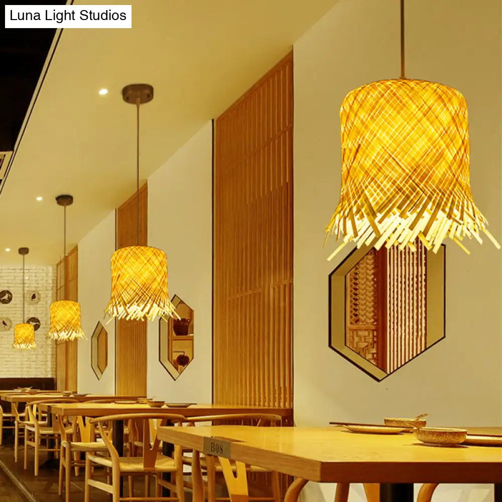 Bamboo Pendant Light Fixture: Asian Fringe Design for Kitchen - 1-Light Hanging Lamp in Beige