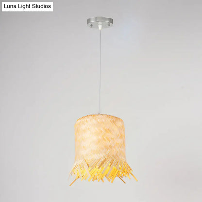 Bamboo Pendant Light Fixture: Asian Fringe Design for Kitchen - 1-Light Hanging Lamp in Beige