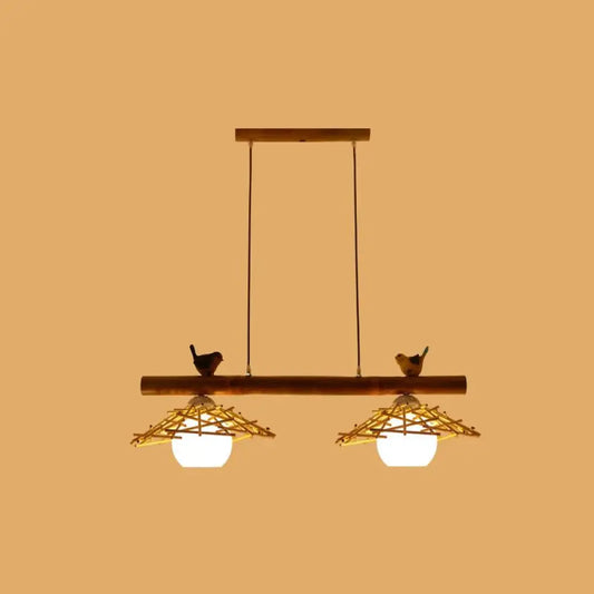 DecorBites™ Bamboo Pendant Lighting: Conical Island Light with White Glass Shade