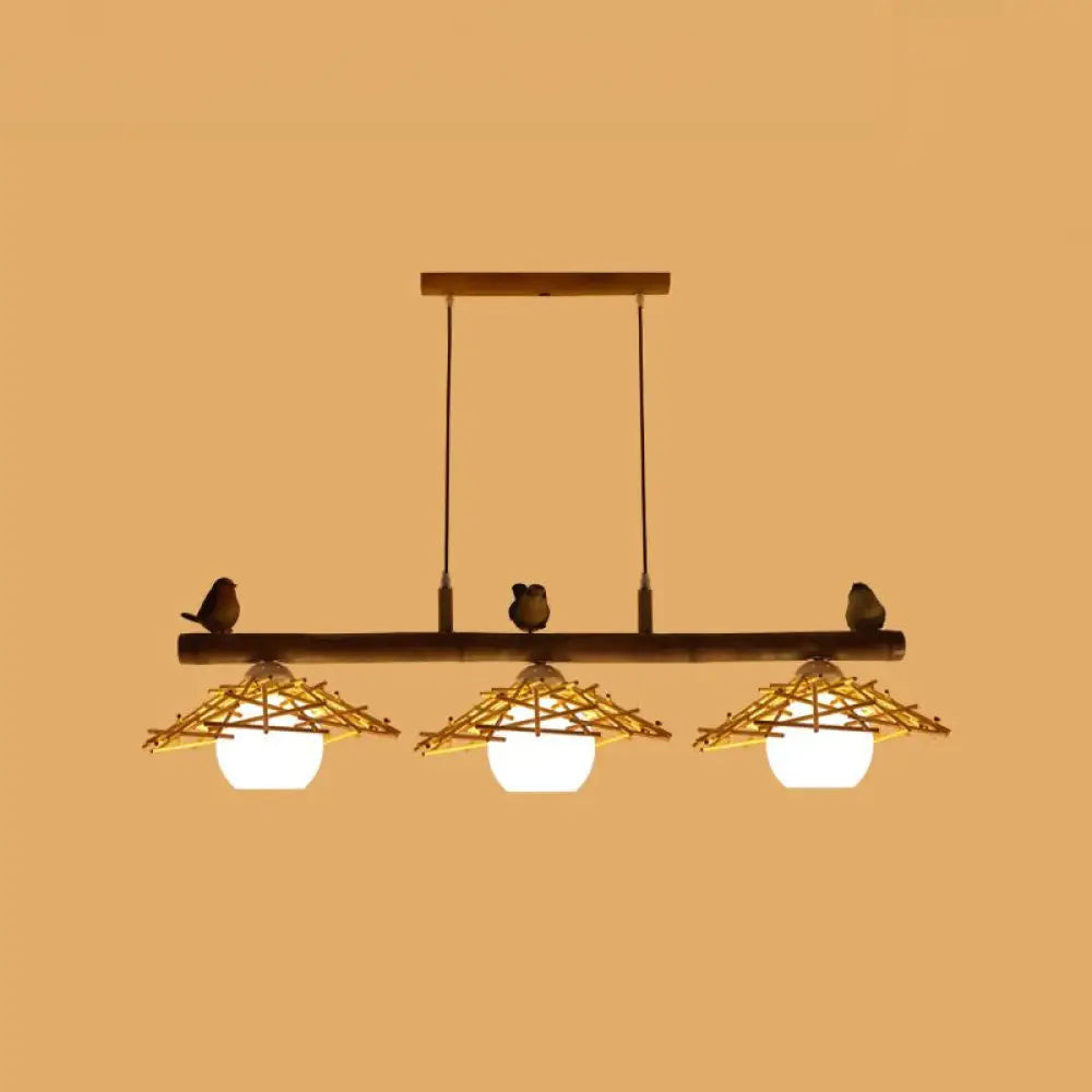 ديكوربايتس™ إضاءة معلقة من الخيزران: مصباح جزيرة مخروطي الشكل مع غطاء زجاجي أبيض