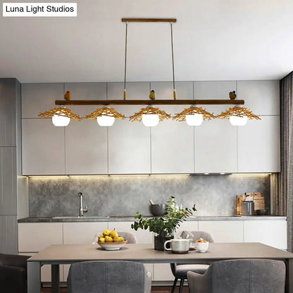 ديكوربايتس™ إضاءة معلقة من الخيزران: مصباح جزيرة مخروطي الشكل مع غطاء زجاجي أبيض