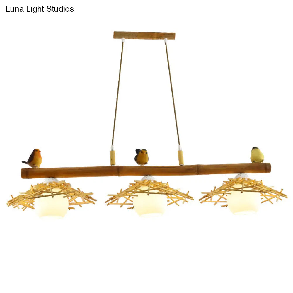 ديكوربايتس™ إضاءة معلقة من الخيزران: مصباح جزيرة مخروطي الشكل مع غطاء زجاجي أبيض