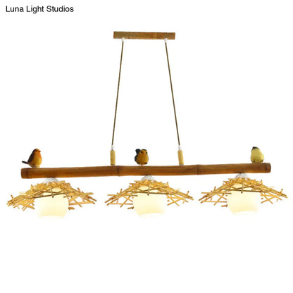 ديكوربايتس™ إضاءة معلقة من الخيزران: مصباح جزيرة مخروطي الشكل مع غطاء زجاجي أبيض