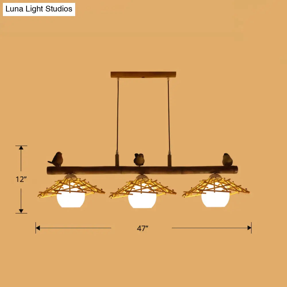 ديكوربايتس™ إضاءة معلقة من الخيزران: مصباح جزيرة مخروطي الشكل مع غطاء زجاجي أبيض