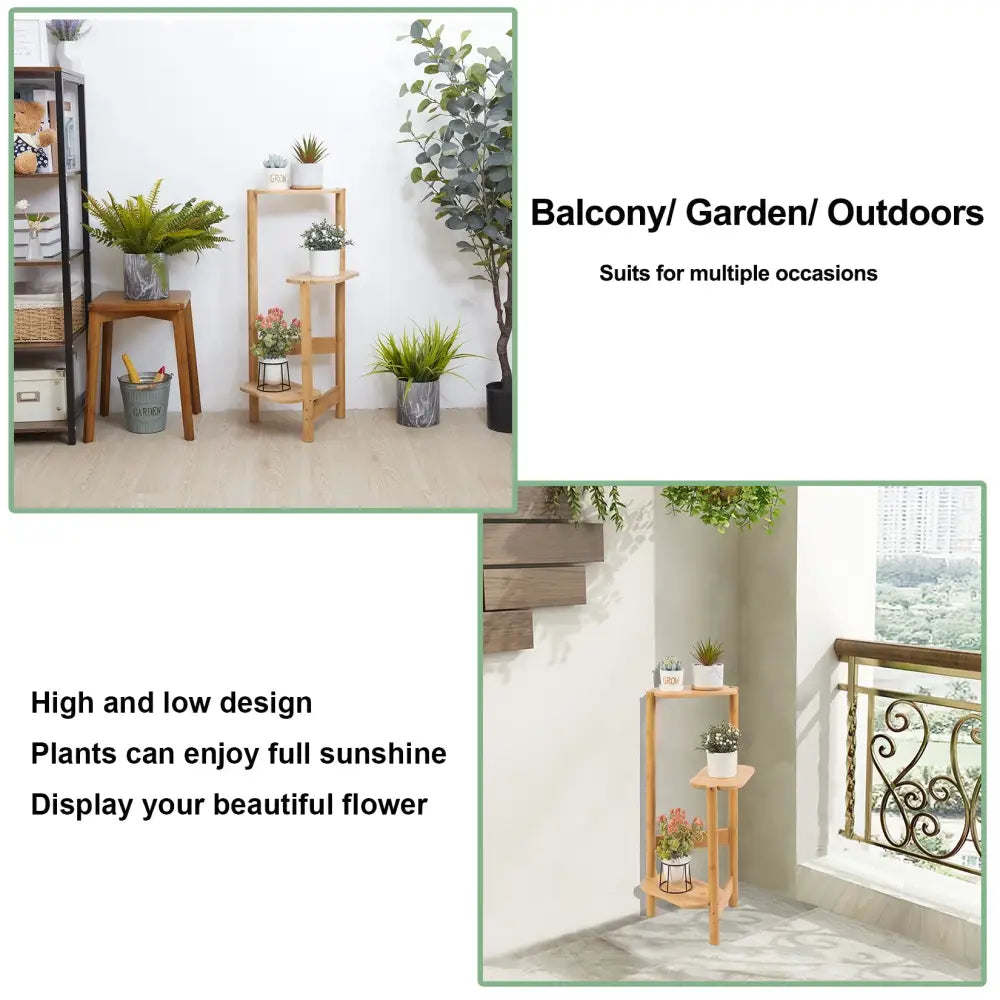 Light brown bamboo corner plant stand with three tiers and curved legs for flower display by decorbites