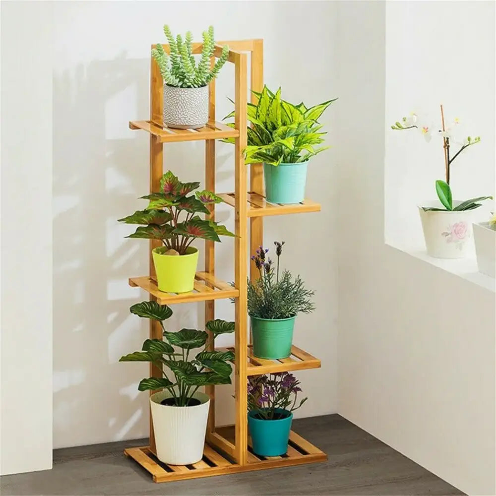 Decorbites 6-tier light brown bamboo plant stand with slatted shelves for indoor and outdoor display
