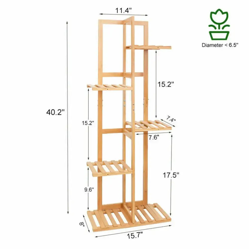 Light-colored bamboo plant stand with six slatted shelves for indoor and outdoor display by DecorBites™
