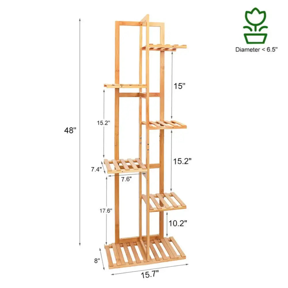 Tall light-brown decorbites 6-tier bamboo plant stand with multiple slatted shelves for indoor outdoor display
