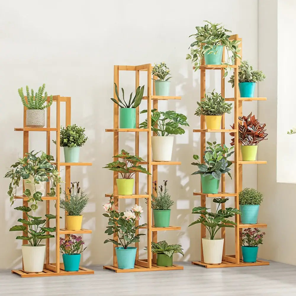 Decorbites™ 6-tier bamboo plant stand with colorful ceramic pots on wooden tiers for indoor outdoor display