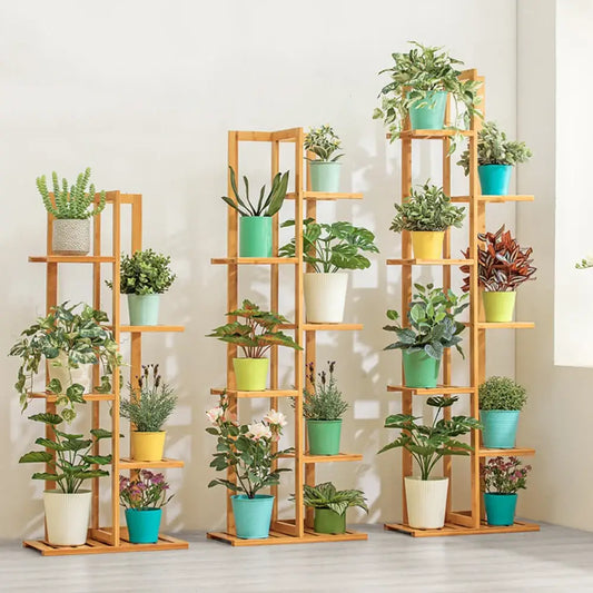 Decorbites™ 6-tier bamboo plant stand with colorful ceramic pots on wooden tiers for indoor outdoor display
