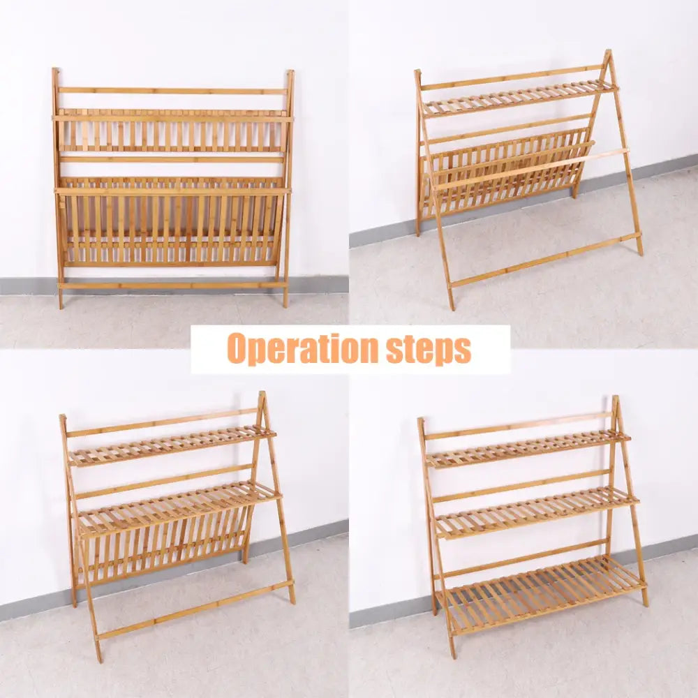 Light brown bamboo plant stand with four slatted shelves folding design for indoor and outdoor use DecorBites