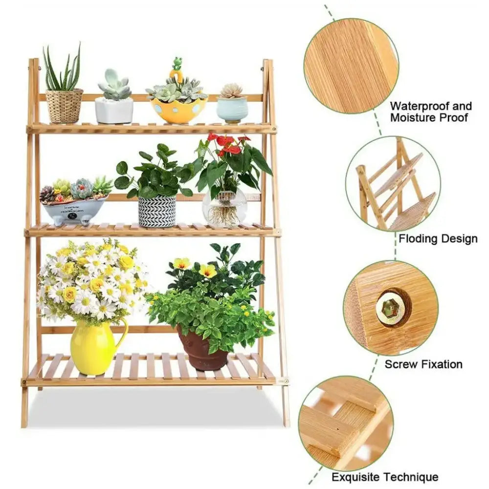 Light brown bamboo plant stand by DecorBites with folding design and screw fixation for indoor outdoor use