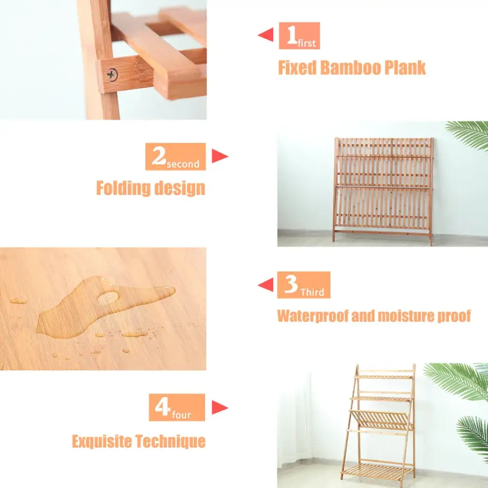 A light brown bamboo plant stand with folding design and waterproof finish ideal for indoor and outdoor use