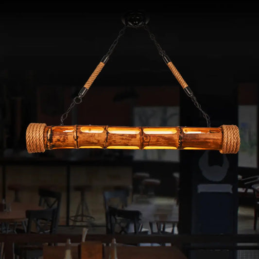 DecorBites™ Bamboo Pole LED Suspension Light - Lodge Style Dining Room Island Lamp in Wood